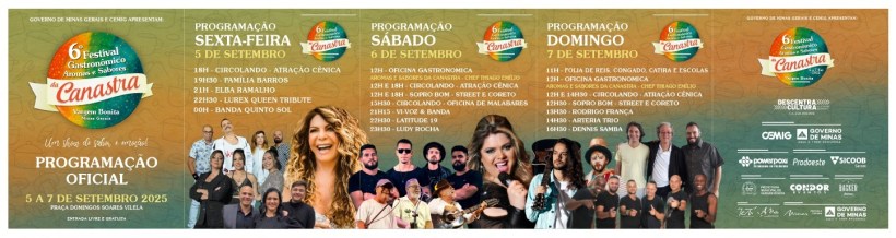 Banner do 6º Festival Gastronômico Aromas e Sabores da Canastra, apresentando a programação oficial de 5 a 7 de setembro de 2025, em Vargem Bonita (MG), com destaque para atrações musicais, horários e atividades culturais.