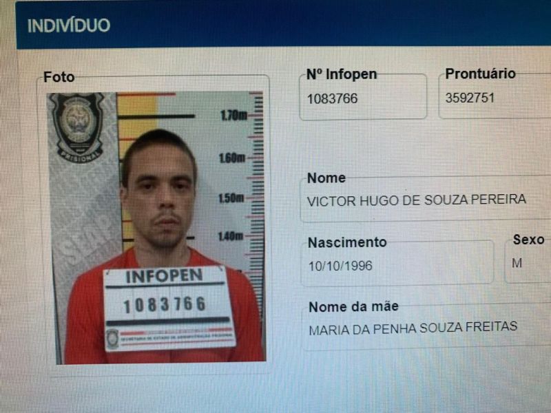 Foto de um indivíduo identificado como Victor Hugo de Souza Pereira, com informações sobre seu número de identificação, prontuário e data de nascimento.