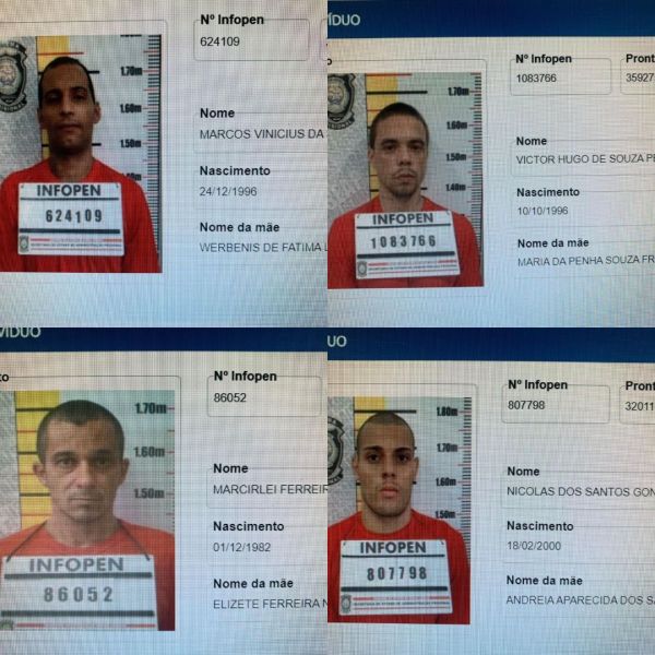 Mosaico de fotos de quatro detentos com informações de identificação, incluindo nomes, datas de nascimento e números de registro.