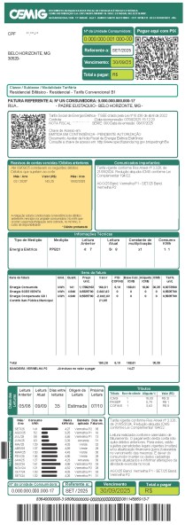 Fatura de energia elétrica da CEMIG, mostrando informações de consumo, valores e QR code.