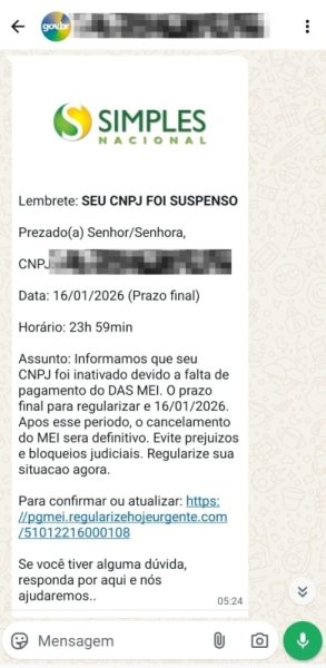 Mensagem sobre a suspensão do CNPJ, informando prazo final para regularização e link para atualização.