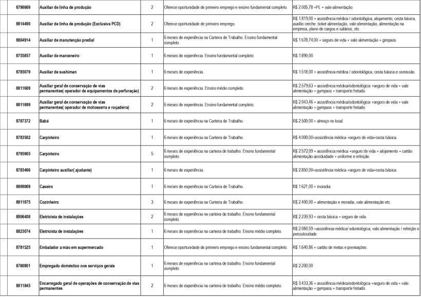 Tabela com diversas oportunidades de emprego, incluindo cargos como Auxiliar de linha de produção, Auxiliar de manutenção e outras funções, com detalhes sobre experiência exigida e remuneração.