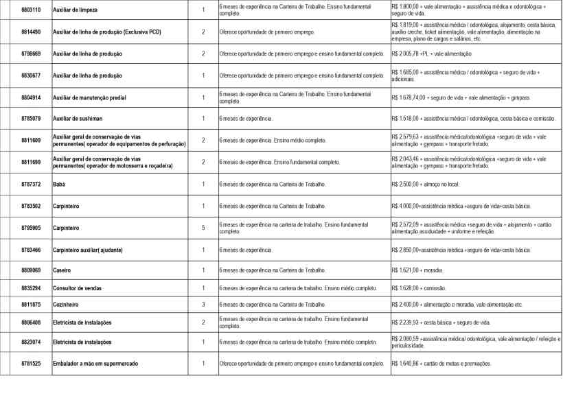 Tabela com diversas vagas de emprego, incluindo cargos como Auxiliar de limpeza, Auxiliar de linha de produção e Carpinteiro, com requisitos de experiência e informações de remuneração.