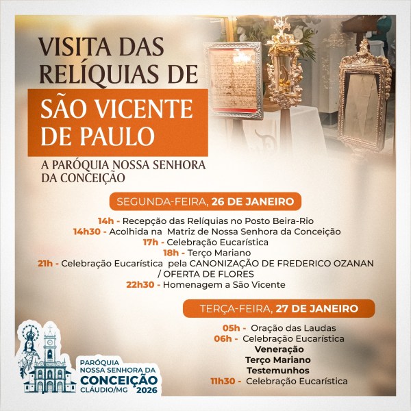 Cartaz informativo sobre a visita das relíquias de São Vicente de Paulo na Paróquia Nossa Senhora da Conceição, com programação para os dias 26 e 27 de janeiro.
