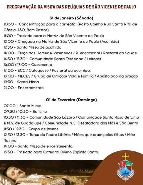 Programação da visita das relíquias de São Vicente de Paulo, incluindo horários de missas, batismos e eventos especiais nos dias 31 de janeiro e 1 de fevereiro.