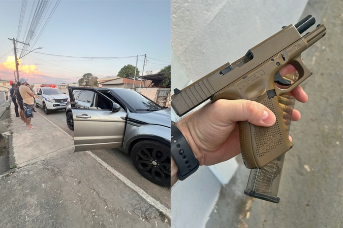 Um carro prata parado na calçada com a porta aberta e algumas pessoas ao redor, incluindo um carro da polícia ao fundo.