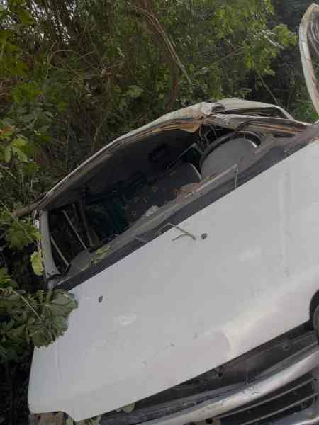 Veículo acidentado em meio à vegetação, com o teto danificado e assentos visíveis.