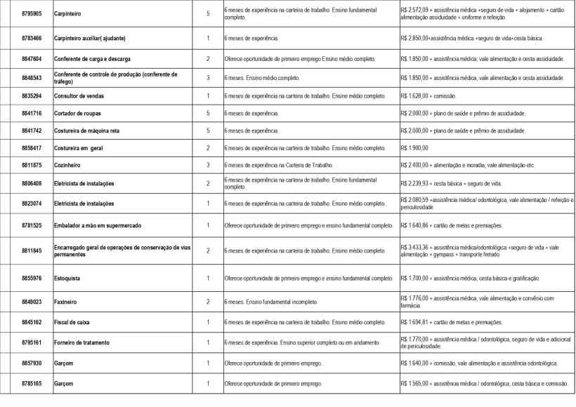 Tabela com dados de profissionais e experiências de trabalho, incluindo profissões, duração de experiência e informações sobre assistência médica.