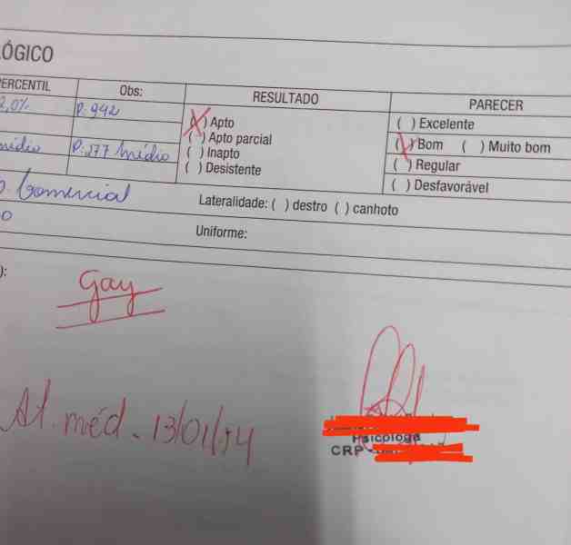 Formulário médico com resultados variados, incluindo 'Apto parcial' e 'Bom', com anotações manuscritas.