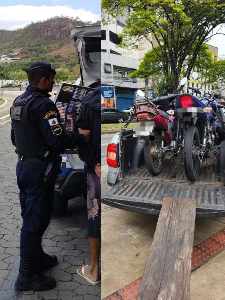Um policial aborda uma pessoa enquanto observa uma caminhonete com motocicletas recolhidas em um reboque.