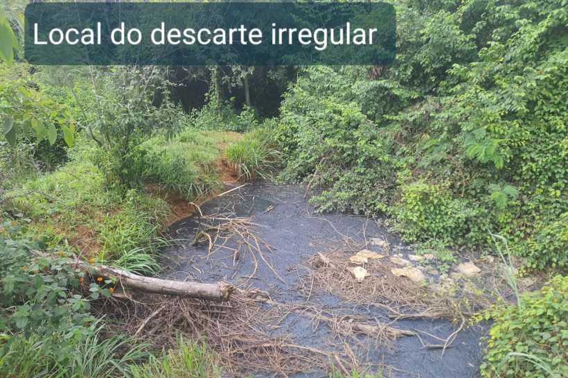 Área com descarte irregular de resíduos, com vegetação ao redor e superfície escura visível.