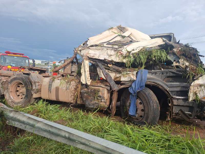 Caminhão destruído, coberto por vegetação e com uma parte do caminhão visivelmente amassada, ao lado de uma estrada.
