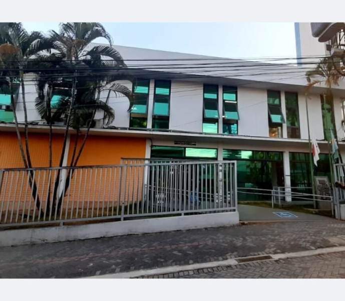 Fachada de um edifício moderno com janelas verdes, cercado por um muro baixo e algumas palmeiras à frente.