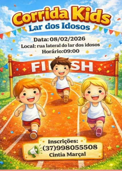 Cartaz da Corrida Kids, com crianças correndo em uma pista, data e informações do evento.