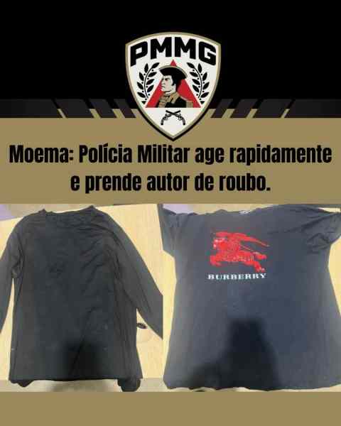 Imagem de duas camisetas, uma preta sem estampa e outra preta com logo da Burberry. Acima, em destaque, o logotipo da PMMG e uma manchete sobre a ação policial em Moema.