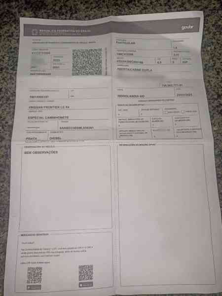 Documento impresso com informações em campos organizados, incluindo QR code, dados do emitente e espaços para observações.