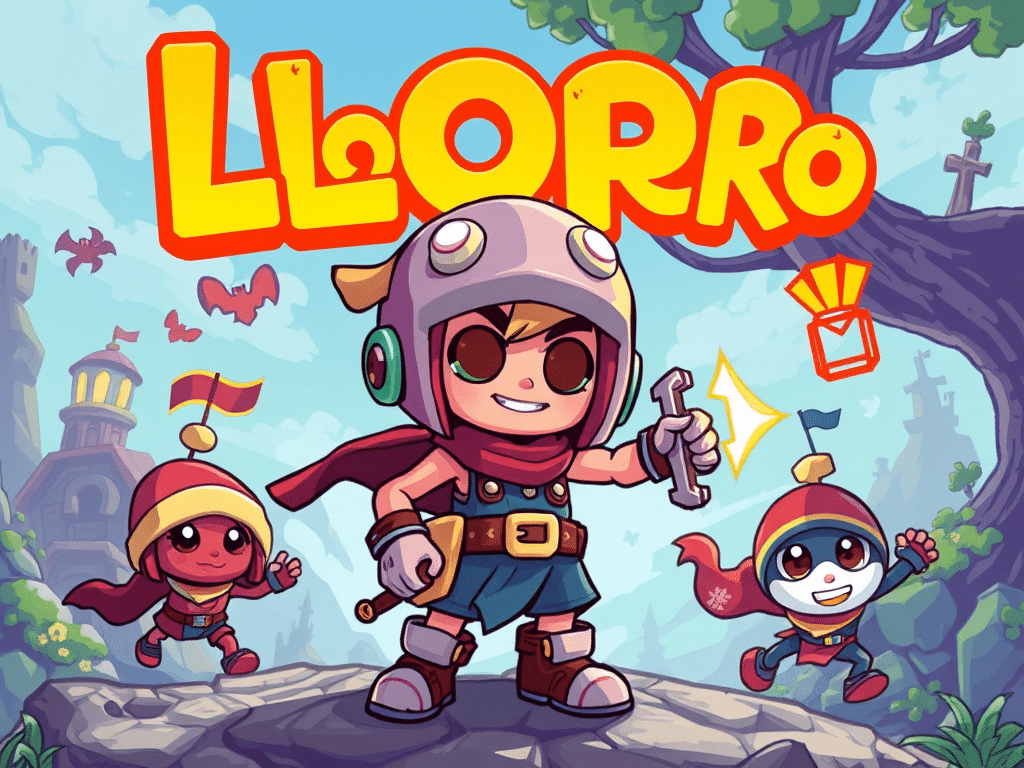 Ilustração do jogo 'Llorro' com um personagem principal segurando uma chave, acompanhado por dois amigos em um cenário colorido de aventura, cheio de árvores e construções.