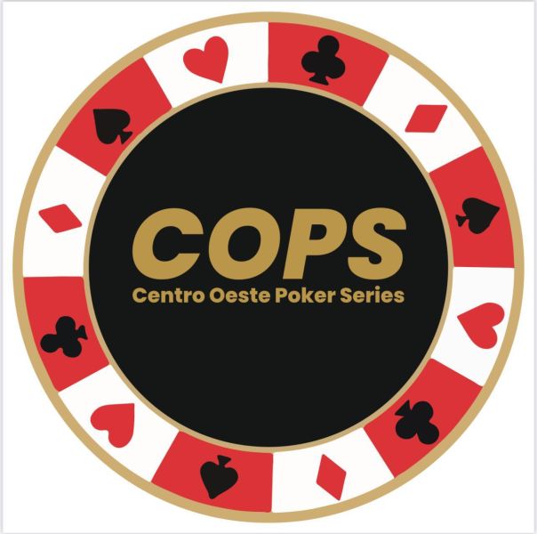 Logo for Centro Oeste Poker Series (COPS) featuring a black center with gold text, surrounded by a circular design with red and white playing card symbols.