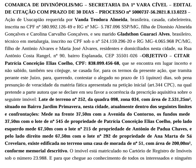 Edital de citação do processo judicial de usucapião em Divinópolis, MG, mencionando detalhes sobre os requerentes e o imóvel em questão.