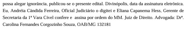 Texto de um edital judicial com informações sobre a publicação e assinaturas de oficiais e advogados em Divinópolis.